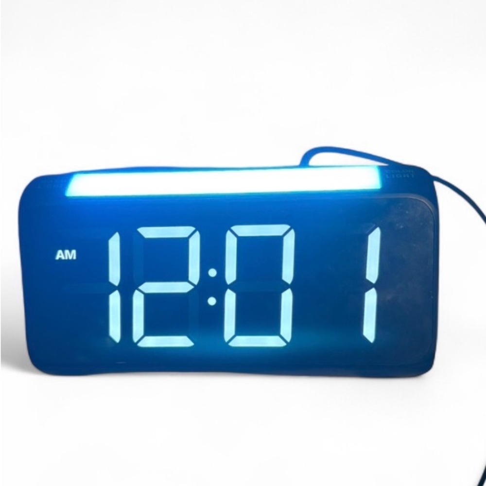 Blue Digital LED Alarm Clock with Night Light and 2 charging ports.